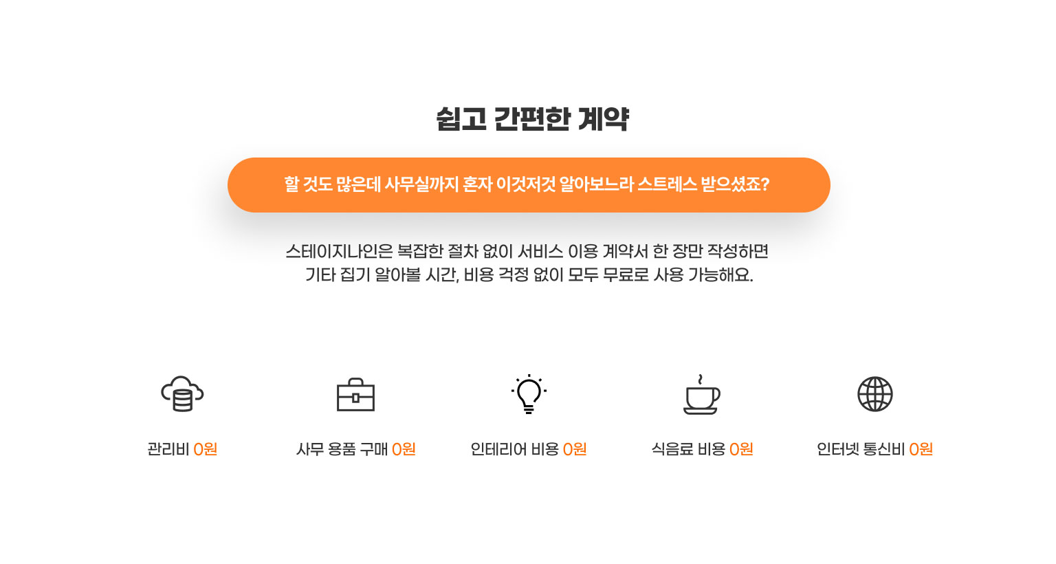 쉽고 간편한 계약
                  할 것도 많은데 사무실까지 혼자 이것저것 알아보느라 스트레스 받으셨죠?
                  스테이지나인은 복잡한 절차 없이 서비스 이용 계약서 한 장만 작성하면
                  기타 집기 알아볼 시간, 비용 걱정 없이 모두 무료로 사용 가능해요.

                  - 관리비 0원
                  - 사무 용품 구매 0원
                  - 인테리어 비용 0원
                  - 식음료 비용 0원
                  - 인터넷 통신비 0원
                  